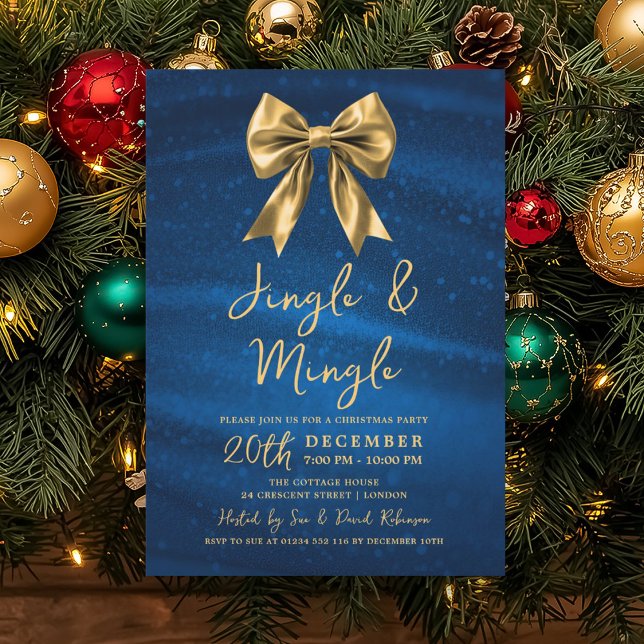 Invitation Jingle Mingle Noël Or Arc Argent Bleu  (Jingle Mingle Christmas Gold Bow Silver Blue Invitation)