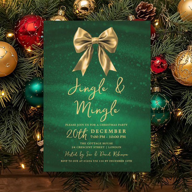 Invitation Jingle Mingle Noël Or Arc Argent Vert (Jingle Mingle Christmas Gold Bow Silver Green Invitation)