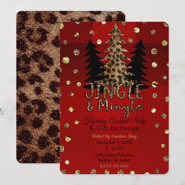 Invitation Jingle & Mingle Or Glamour Léopard Noël Fête (Devant / Derrière)