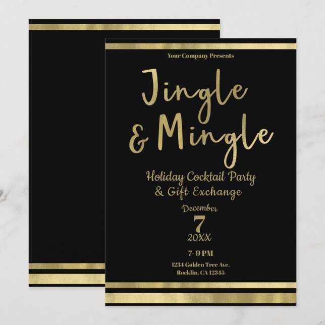 Invitation Jingle & Mingle Soirée de Noël d'entreprise Gold (Devant / Derrière)