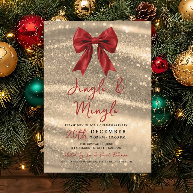 Invitation Jingle & Mingle Soirée de Noël Ruban Rouge Paillet (Jingle & Mingle Xmas Party Gold Sparkle Red Bow Invitation)