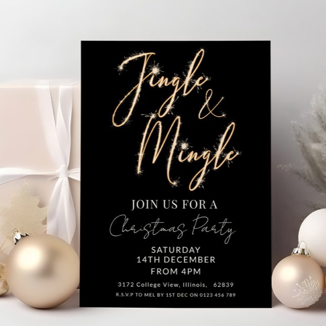 Invitation Jingle & Mingle Sparkle Script Noël Noir  (Créateur téléchargé)
