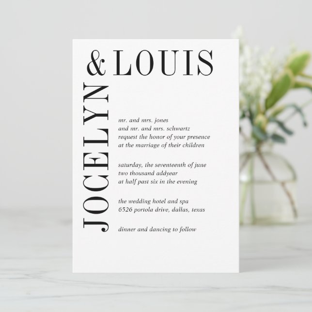 Invitation Jocelyn Mariage moderne noir et blanc (Debout devant)