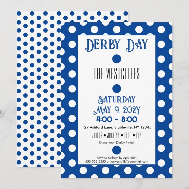 Invitation Jockey Silk Dots Blue et White Derby Party (Devant / Derrière)