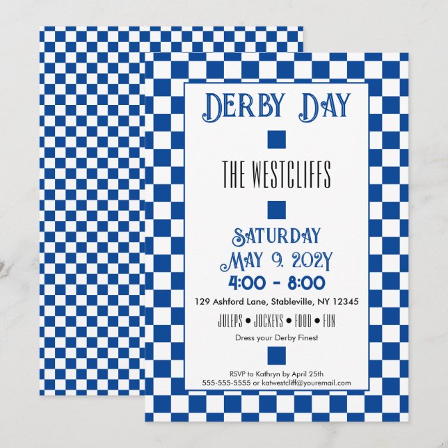 Invitation Jockey Soie Blocs Bleu et Blanc Derby (Devant / Derrière)
