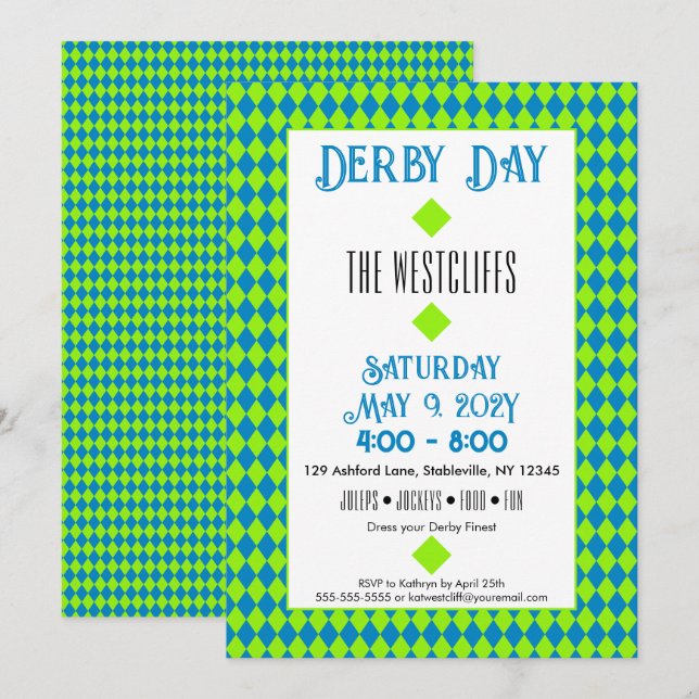 Invitation Jockey Soie Diamants Vert et Bleu Derby (Devant / Derrière)