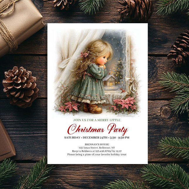 Invitation Joie de Noël Fille Mignonne Scène de No (Christmas Joy Invitation Cute Girl Christmas Scene)