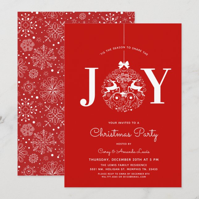 Invitation Joie ornementale| Noël Rouge (Devant / Derrière)