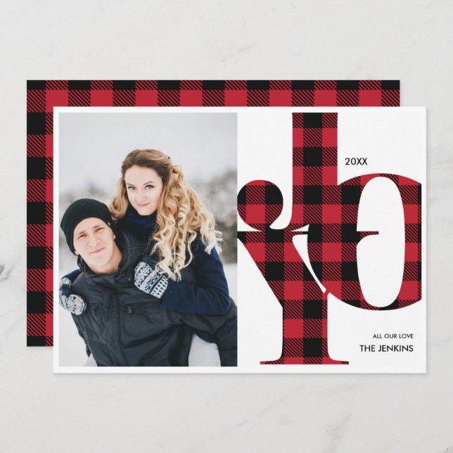 Invitation Joie | Red Buffalo Plaid Photo Holiday (Devant / Derrière)