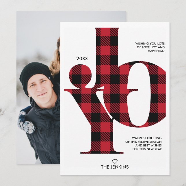 Invitation Joie Typographie Red Buffalo Plaid Photo Holiday (Devant / Derrière)