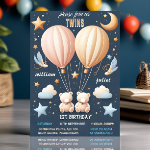 Invitation Joignez-vous à l'ours commun Hot Air Balloon Twins