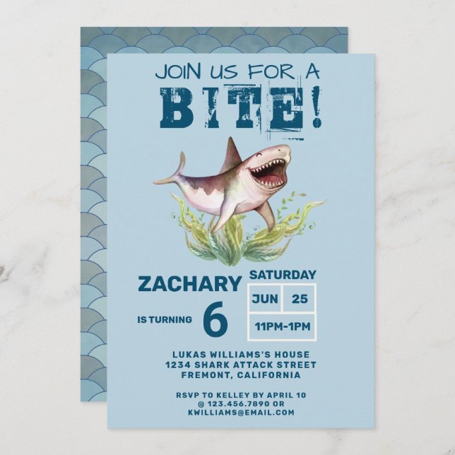 Invitation Join Us For a Bite Funny Shark Boys Birthday Party (Devant / Derrière)