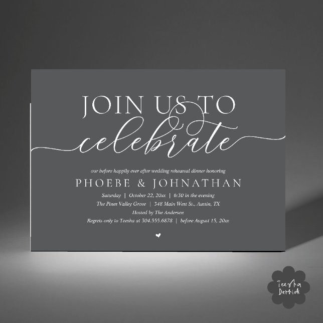 Invitation Join Us To Celebrate, Wedding Rehearsal Dinner (Join Us To Celebrate, Modern Classy Wedding Rehearsal Dinner Invitation card in dark grey)