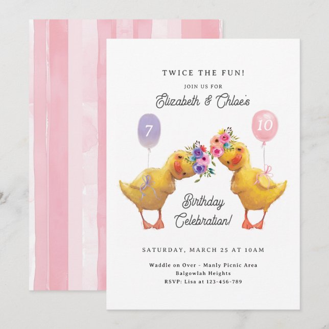 Invitation Joint Birthday Invite, Duck Double Party (Devant / Derrière)