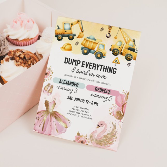 Invitation Joint Construction & Ballerina Sibling Birthday (Joint Kids Birthday Invite - Construction & Ballerina)