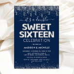 Invitation Joint Twin Sweet sixteen 16e anniversaire de fête<br><div class="desc">Invitations modernes à la fête du 16e anniversaire avec un arrière - plan bleu marine élégant,  parties scintillant et confetti en argent,  ballons d'hélium en sweet sixteen,  et un modèle de célébration double qui est facile à personnaliser.</div>