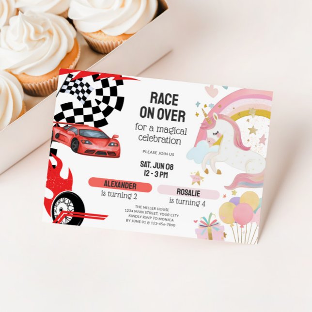 Invitation Joint Unicorn & Race Cars Sibling Birthday (Joint Kids Birthday Party Invitation - Race Cars & Unicorns)