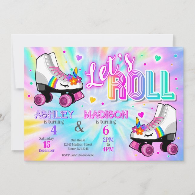 Invitation Joint Unicorn Roller Skating Tie Dye Birthday (Devant)