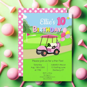 Invitation Joli 10e Anniversaire Golf Féminin Rose à pois 
