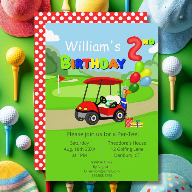 Invitation Joli 2e Anniversaire Chariot de Golf Rouge Garçon (Créateur téléchargé)