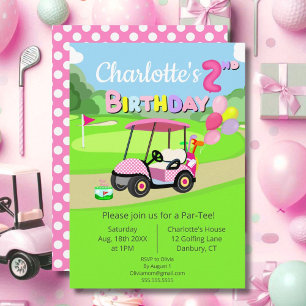 Invitation Joli 2e Anniversaire Golf Féminin Rose à Points 