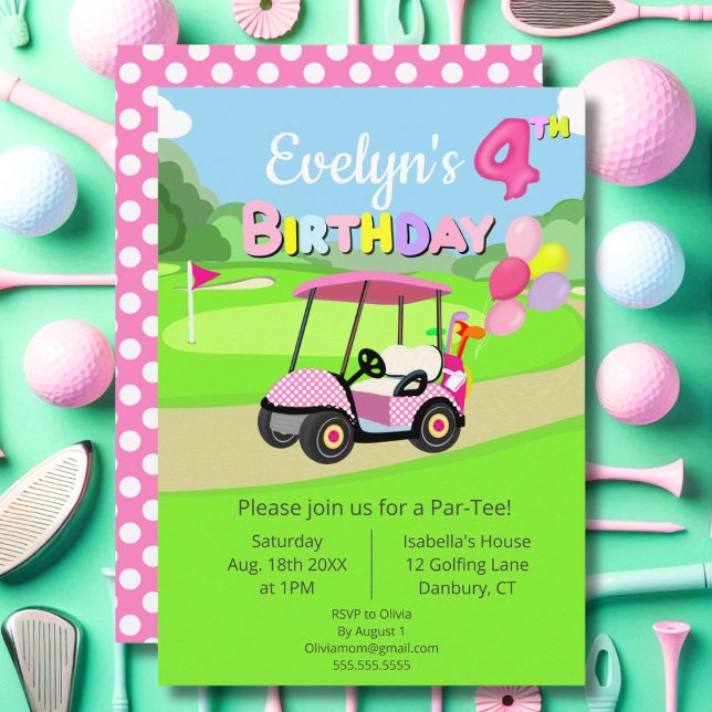 Invitation Joli 4ème Anniversaire Golf Féminin Rose à Points  (Créateur téléchargé)