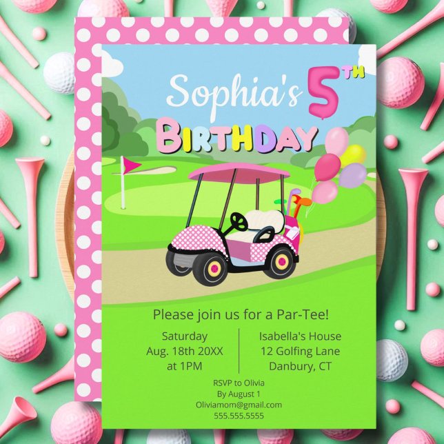 Invitation Joli 5e Anniversaire Polka Point Rose Féminin Golf (Créateur téléchargé)