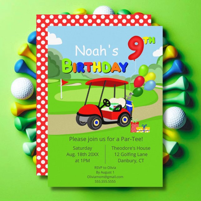 Invitation Joli 9e Anniversaire Panier de Golf Rouge Garçon (Créateur téléchargé)