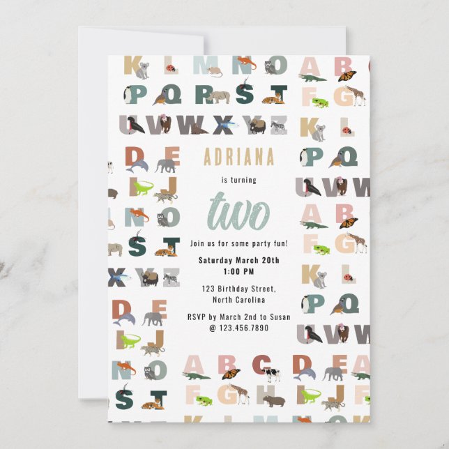 Invitation Joli Alphabet ABC Animaux Joyeux Anniversaire (Devant)