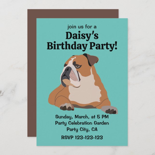 Invitation Joli anglais Bulldog Pet Anniversaire (Devant / Derrière)