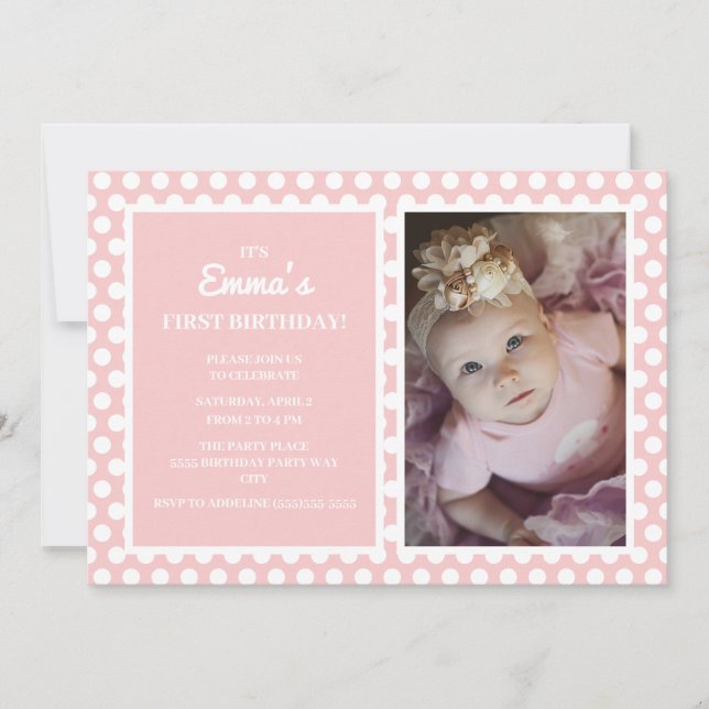 Invitation Joli Anniversaire 1 an Fille Rose Blanc pois (Devant)
