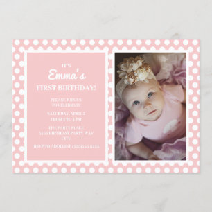 Invitation Joli Anniversaire 1 an Fille Rose Blanc pois