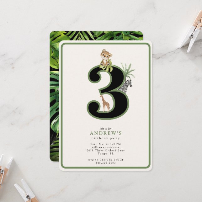 Invitation Joli Anniversaire 3 ans Jungle Tropicale Animaux (Devant/Arrière en situation)