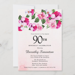 Invitation Joli Anniversaire 90 Ans Fleur Magenta Rose Blanc