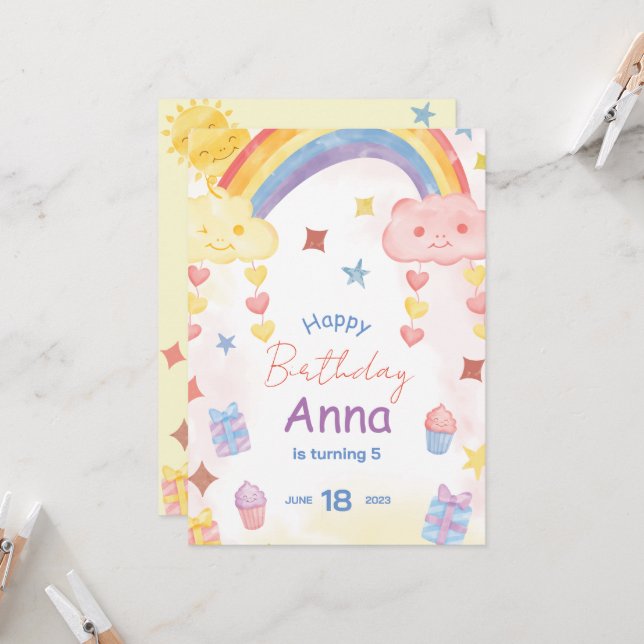 Invitation Joli Anniversaire Arc-en-ciel, Soleil et Nuages à  (Devant/Arrière en situation)