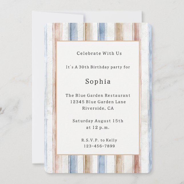 Invitation Joli Anniversaire Bleu Crème Tan Rayures (Devant)