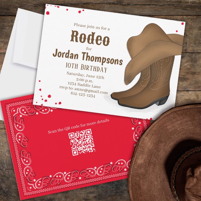Invitation Joli Anniversaire Cowboy Rodeo Rouge Bandana QR Co (Créateur téléchargé)