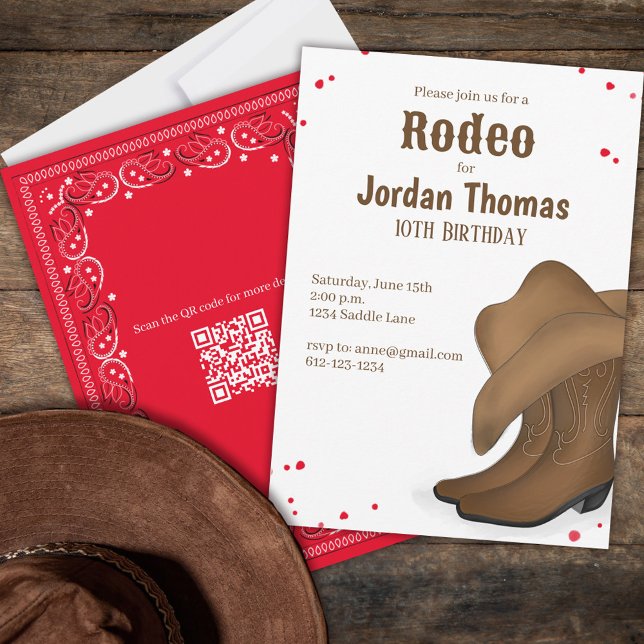 Invitation Joli Anniversaire Cowboy Rodeo Rouge Bandana QR Co (Créateur téléchargé)