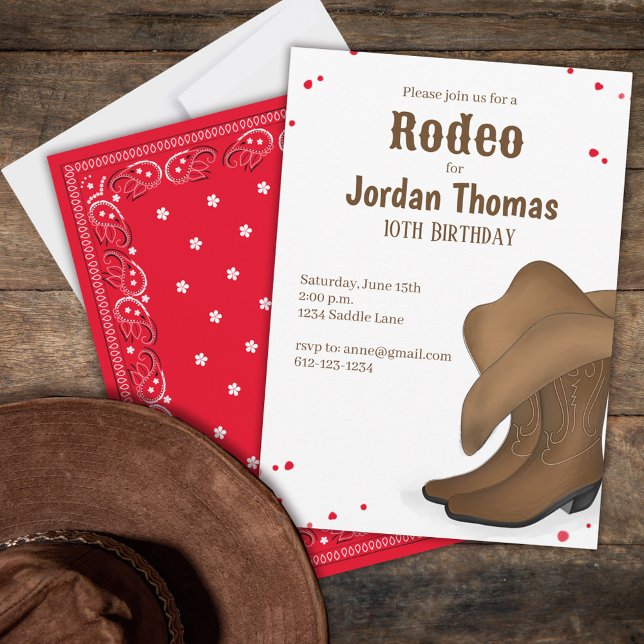 Invitation Joli Anniversaire Cowboy Rodeo Simple Rouge Bandan (Birthday party invitation with the whimsical cool western rodeo theme. )
