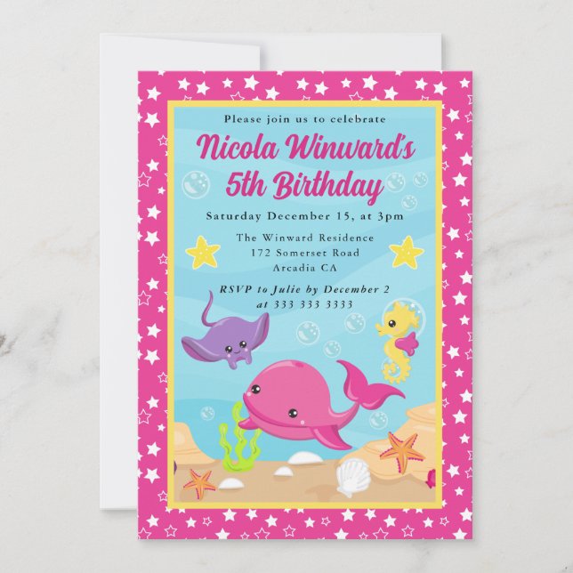 Invitation Joli Anniversaire de enfant de baleines sous-marin (Devant)