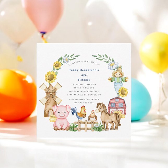 Invitation Joli anniversaire de enfant de ferme moderne (cute fun farmyard animals any age kids  birthday invitation )