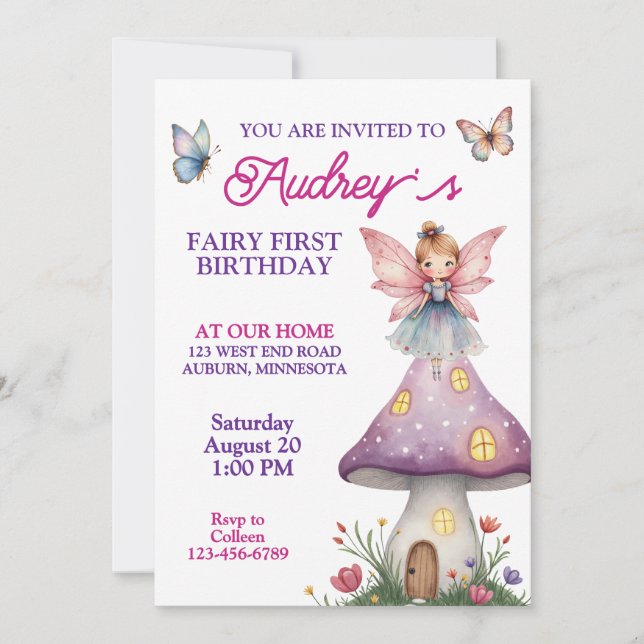 Invitation Joli anniversaire de fée pour son premier annivers (Devant)