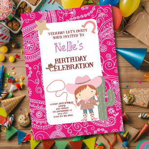 Invitation Joli Anniversaire de Fille au Chapeau de Cow-Boy R