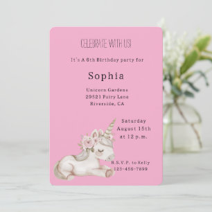 Invitation Joli Anniversaire de Licorne Florale Rose