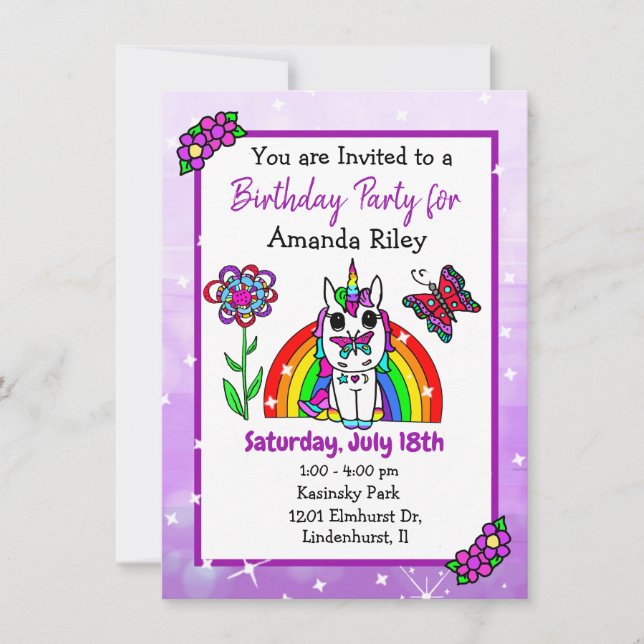 Invitation Joli Anniversaire de Licorne Violette et Fille de  (Devant)