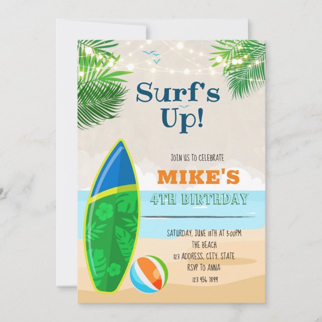 Invitation Joli anniversaire de surf de plage (Devant)