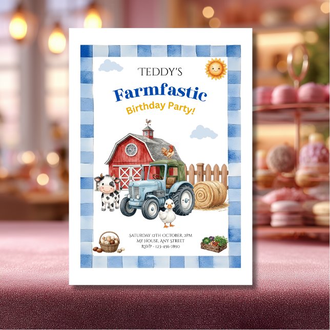 Invitation Joli Anniversaire d'Enfant de Ferme Bleu (Créateur téléchargé)