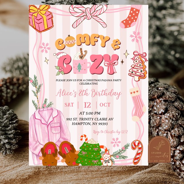 Invitation Joli Anniversaire Fille Pyjama Noël Rétro (Créateur téléchargé)