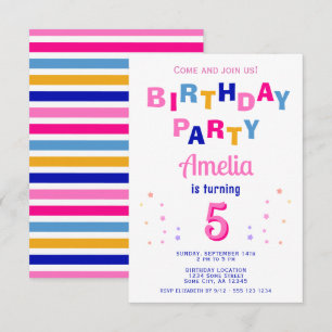 Invitation Joli Anniversaire Fille Typographie Étoile Colorée