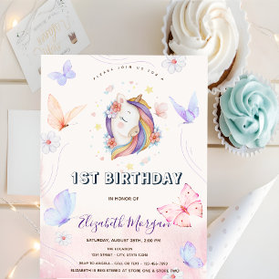 Invitation Joli Anniversaire Licorne Fleurs Papillons Rayé